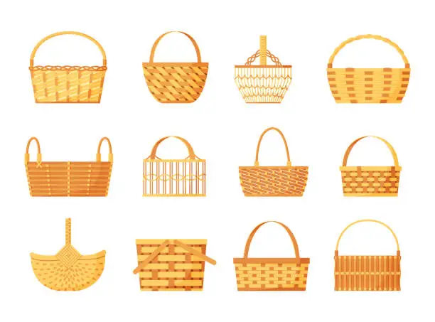 Vector illustration of Easter basket. Empty bamboo wicker. Picnic handle hamper. Wooden straw container. Shopper for food storage. Isolated wickerwork bags set. Basketwork craft. Vector braided camping boxes