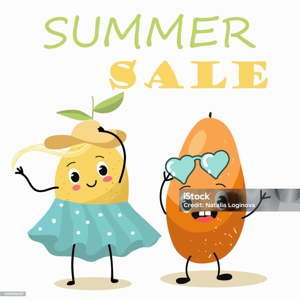 Vector Illustration Of Funny Characters Cartoons Lemon Girl In Skirt And  Hat Papaya Funny Fruits Summer Vibes At The Beach Party Summer Sale Stock  Illustration - Download Image Now - iStock