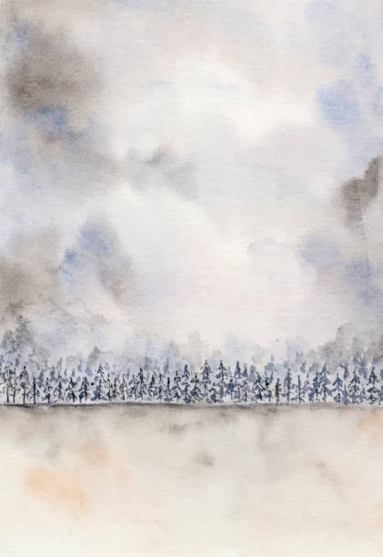 illustrazioni stock, clip art, cartoni animati e icone di tendenza di pineta acquerellata su vibrazioni invernali. - forest landscape pine tree snow
