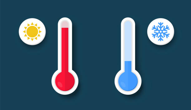 温度計アイコンまたは温度記号。低温と高温の温度計グラフィックアイコン。寒さと暑さの兆候。測定スケール上の低温および高温。 - fahrenheit sign点のイラスト素材／クリップアート素材／マンガ素材／アイコン素材