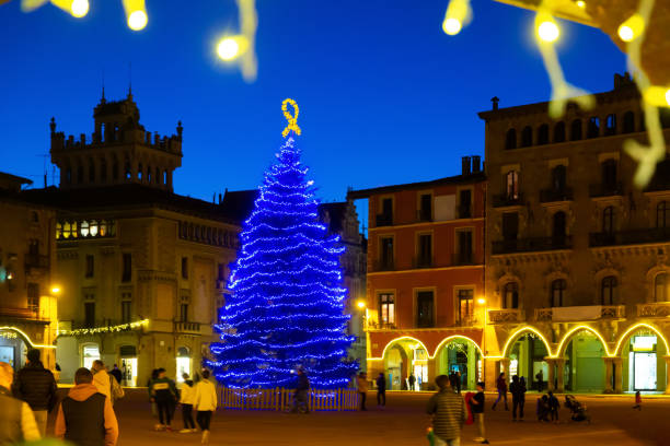 istock Placa Major in Vic with big blue christmas tree 1432408845