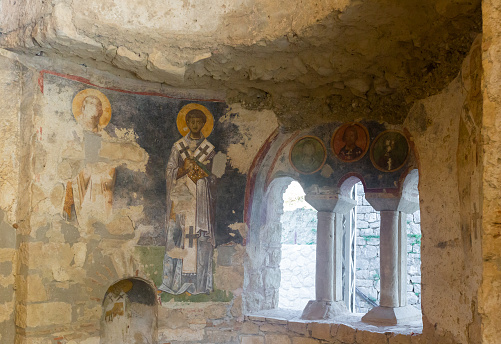 Frescoes near window on walls of St. Nicholas Church in antient city of Mira, modern Demre, Antalya Province, Turkey.