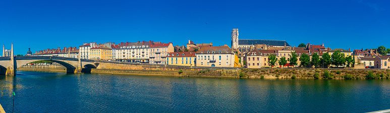 Cityscape of Chalon-sur-Saone with view of cathedral. Saone-et-Loire department, France.