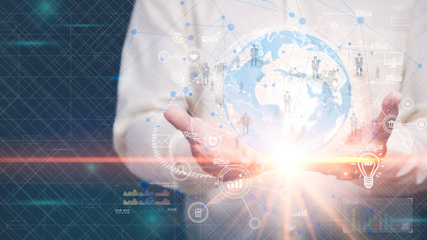 istock Businessman holding globe icon showing global cyberspace technology network connection, internet data communication and business development, big data analytics, financial innovation and investment. 1432410233