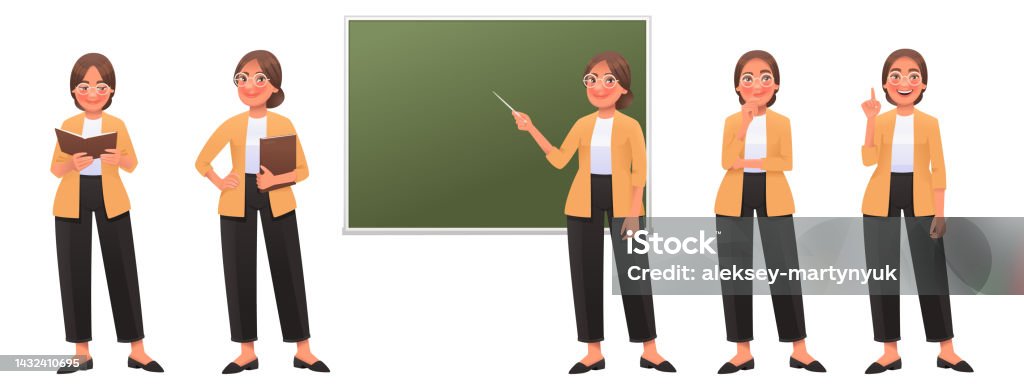 Set Karakter Wanita Guru Guru Yang Bahagia Menunjuk Ke Papan Tulis