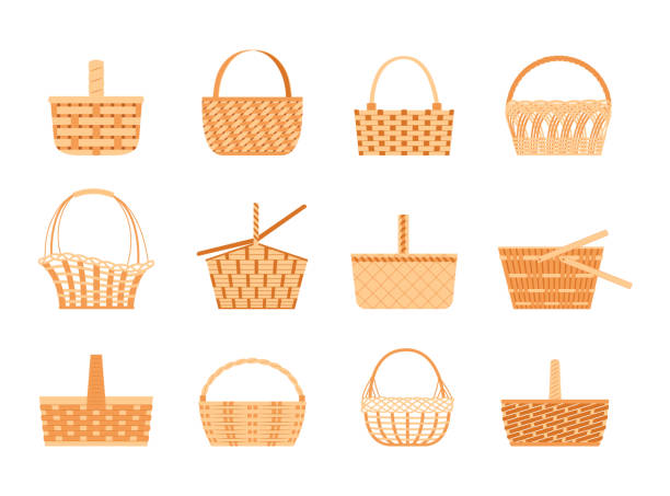 Wicker basket, easter straw hamper. Picnic pannier box with handles, empty container for food storage, natural shopper, wickerwork camping bags. Vector isolated objects with texture Wicker basket, easter straw hamper. Picnic pannier box with handles, empty container for food storage, natural organic craft shopper, wickerwork camping bags. Vector isolated objects with texture wicker stock illustrations