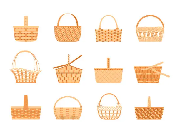 Vector illustration of Wicker basket, easter straw hamper. Picnic pannier box with handles, empty container for food storage, natural shopper, wickerwork camping bags. Vector isolated objects with texture