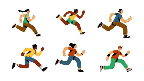 ilustrações de stock, clip art, desenhos animados e ícones de people fast run for aim. man and woman running in rush to goals, urgent characters and success guy and girl. bright sportswear, male and female runners on marathon. vector isolated set - child running sport sports race