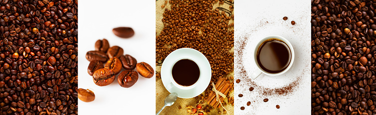 Food set of fresh roasted coffee beans and freshly brewed coffee as background