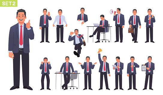 Big set of businessman character. Business man or entrepreneur gesturing and acting. Manager works and runs, wins and attracts the audience. Vector illustration in flat style