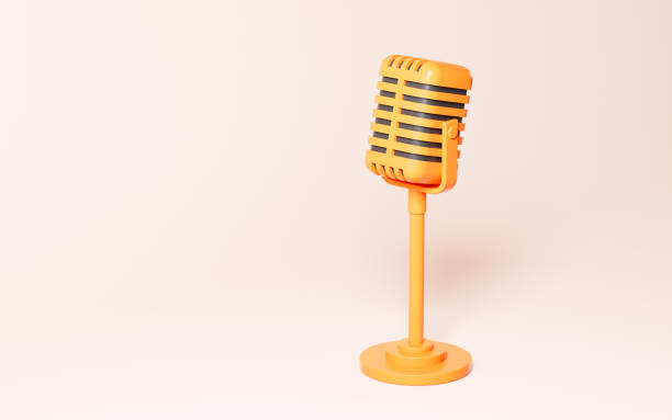 istock Cartoon microphone on the yellow background, 3d rendering. 1432419580