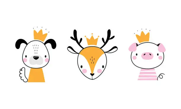 Vector illustration of Head cute funny animals with golden crowns set. Deer, piglet and puppy little princess hand drawn vector illustration