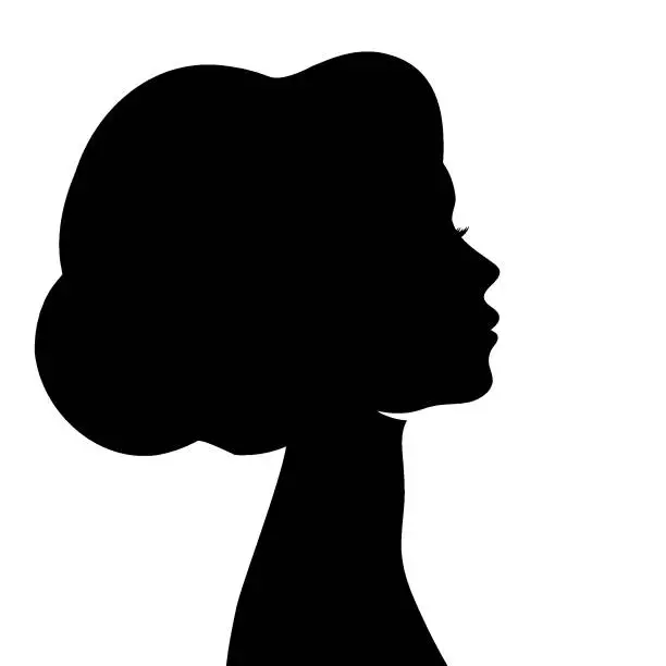 Vector illustration of Beautiful woman profile silhouettes with elegant hairstyle, vector young female face design, beauty girl head with styled hair, fashion lady graphic portrait.
