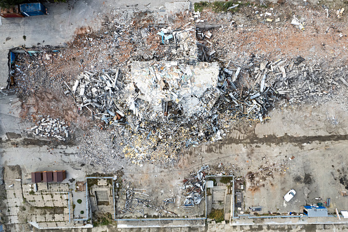 Top view of the destroyed building. Aerial view of the ruins. top view and Take from drone.
