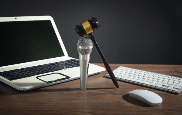 istock Judge gavel, microphone and laptop computer. Concept of Auction 1432422202