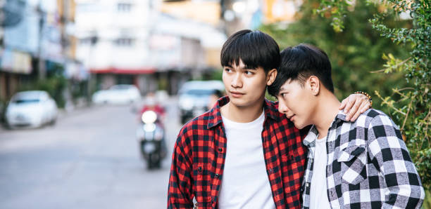 istock Two men who love each other happily hug each other. 1432424819