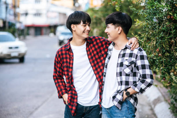 istock Two men who love each other happily hug each other. 1432424827