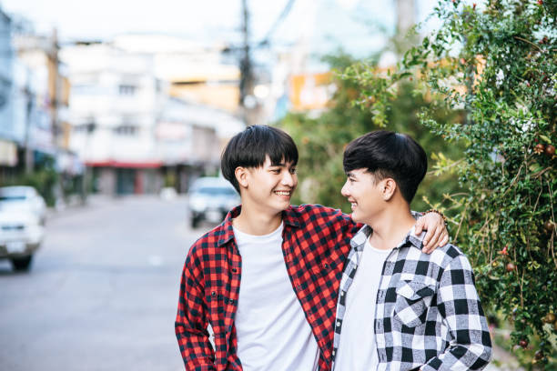 istock Two men who love each other happily hug each other. 1432424850