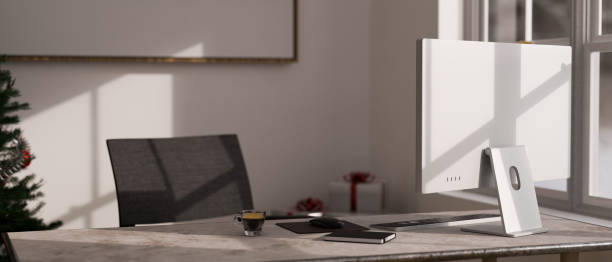Modern urban office workspace with PC computer, keyboard, coffee cup and book on marble table, office chair and white wall. back view image. 3d render, 3d illustration