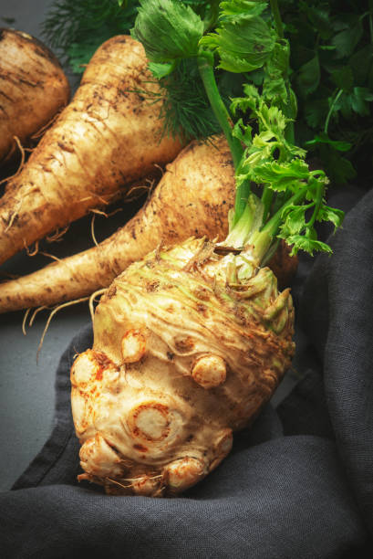 istock Root vegetables and herbs: celery with green stems, parsnip, parsley, dill on rustic gray stone kitchen table background, top view 1432426635