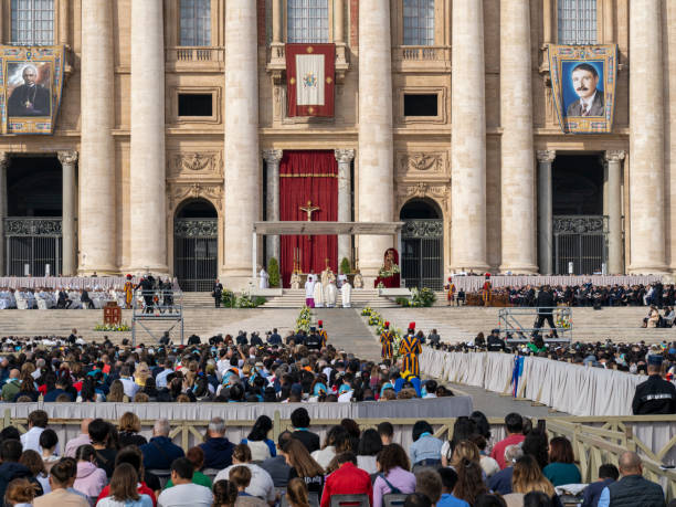 Roma, Italy. San Pietro square.View of the square during the celebration of the mass of the Pope or Pontiff stock photo