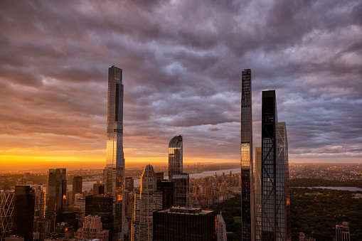 Aerial view of New York City Manhattan skyline at sunset