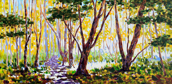 Late afternoon sunlight shining through trees with dappled sunlight on a pathway.  An original acrylic painting by Judi Parkinson