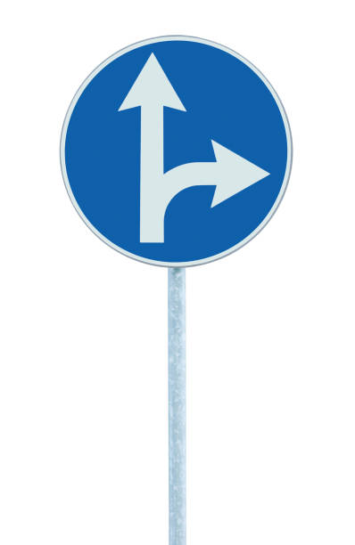istock Go straight ahead or turn right road sign, blue round isolated roadside mandatory traffic signage, white arrows icon and frame, grey pole post, large detailed vertical closeup 1432431463