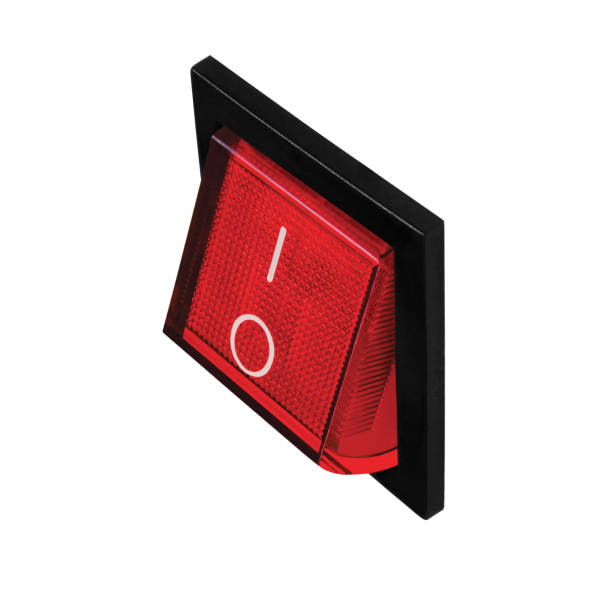 czerwony przełącznik kołyski mocy w pozycji włączonej, duże szczegółowe izolowane pionowe zbliżenie makro, czarna ramka w prawym kierunku - large control fuel and power generation white background stock illustrations