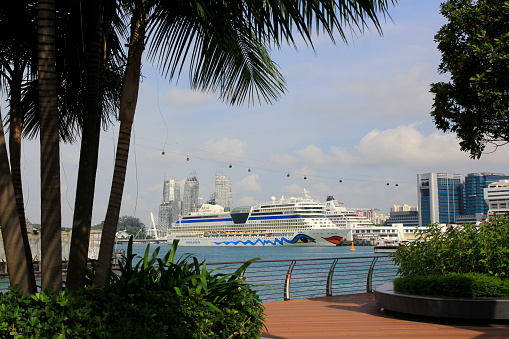 Singapore, February 24, 2015. Cruise ships dock in the Sentosa Island region. Various tours offered by Singapore with a variety of attractive packages