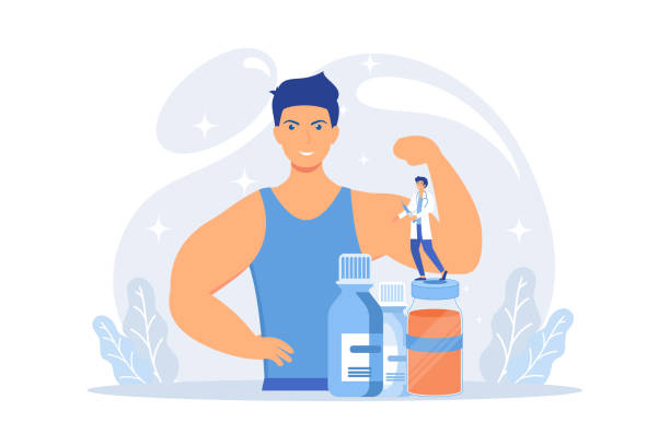 ilustrações de stock, clip art, desenhos animados e ícones de tiny people doctor with syringe doing anabolic steroids injection to an athlete. anabolic steroids, anti-aging aid, illegal sport drugs concept. flat vector modern illustration - steroids