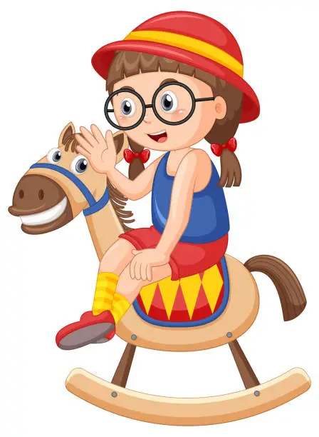 Vector illustration of Girl riding on rocking horse