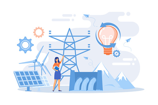 Scientist with sustainable development ideas solar panels, hydropower, wind. Sustainable energy, future-oriented energy, smart energy system concept. flat vector modern illustration