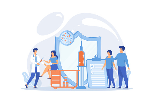 Woman getting flu shot. Contagious disease prevention. Vaccination of adults, adult immunization schedule, vaccine preventable diseases concept. flat vector modern illustration