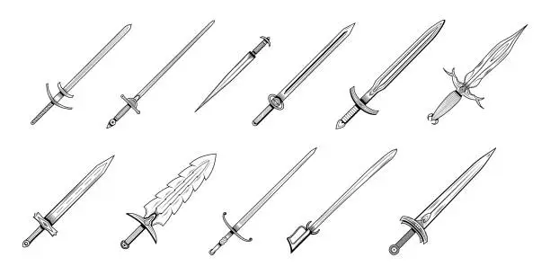 Vector illustration of Set Abstract Collection Black Simple Line Metal Sword Blade Weapon Doodle Outline Element Vector Design Style Sketch Isolated On White Background Illustration For War, Battle