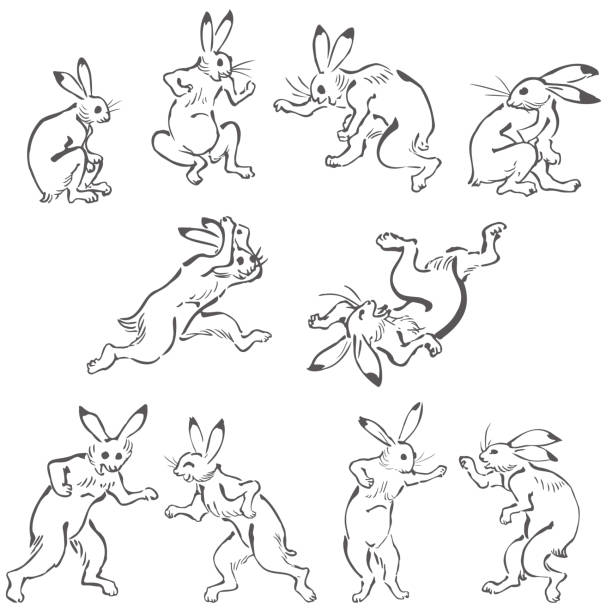 ilustraciones, imágenes clip art, dibujos animados e iconos de stock de conjunto de ilustraciones clásicas de conejos en pintura a tinta - lagomorfos