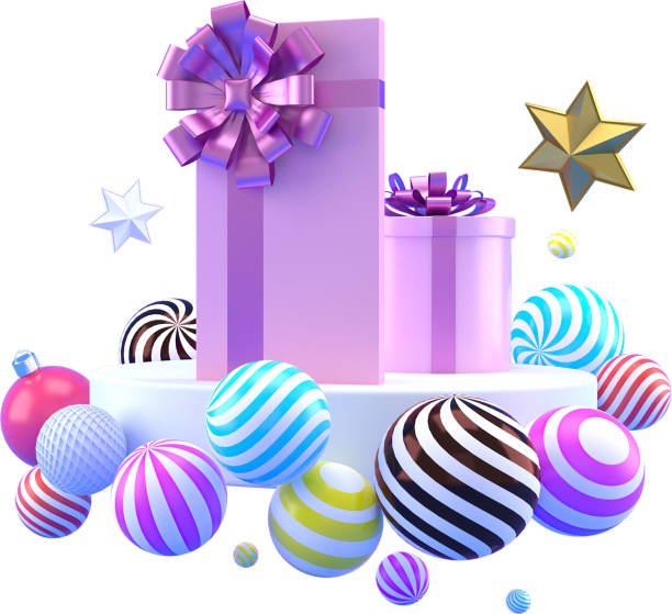 istock 3d Rendering Christmas or new year elements background with decorative balls, and gift boxes. Colorful gifts for holidays. Modern design. 1432440632