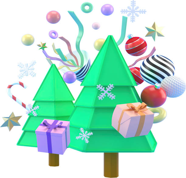 istock 3d Rendering Christmas background with decorative trees and gift boxes. Colorful flat gifts for holidays. Modern design. new year elements for decoration. Isolated PNG illustration on transparent. 1432440853