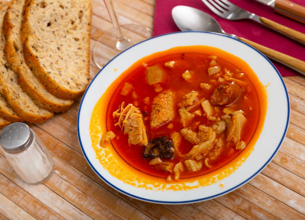 Traditional spanish dish Callos a la Madrilena served on a ceramic bowl in a restaurant