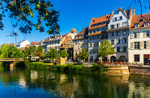 Summer view of the streets and canals of the city of Strasbourg, located on the eastern side of France