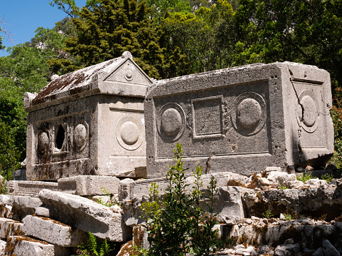 View of the ancient sarcophagi of the Northeastern Necropolis in the antiquity city of Termessos, Turkey