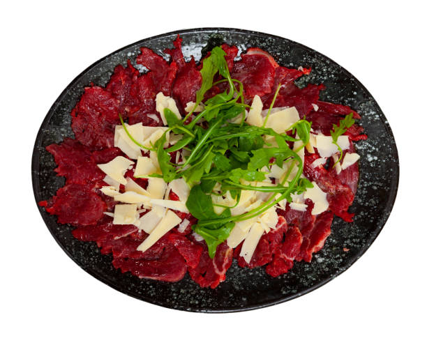 istock Raw veal meat carpaccio with cheese and fresh arugula 1432442811