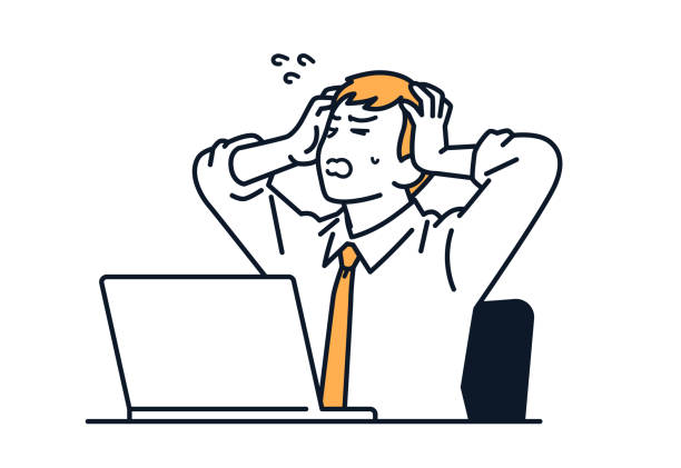 ilustracja wektorowa przedstawiająca biznesmena trzymającego głowę przed komputerem - impatient stock illustrations