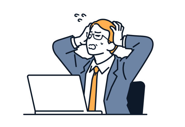 Vector illustration material of a boss holding his head in front of a laptop Vector illustration material of a boss holding his head in front of a laptop frowning stock illustrations