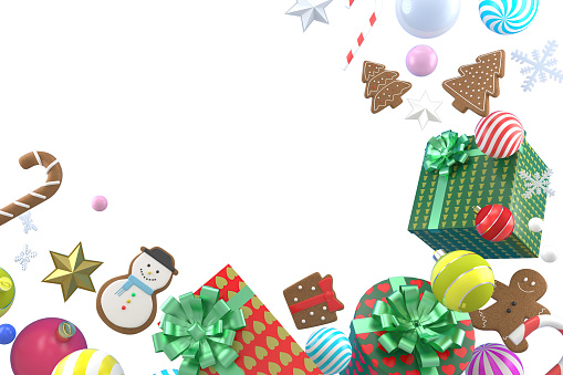 3d Rendering Christmas or new year elements background with decorative balls, star, snow and gif box. Colorful gifts for holidays. Modern design. Isolated  illustration.