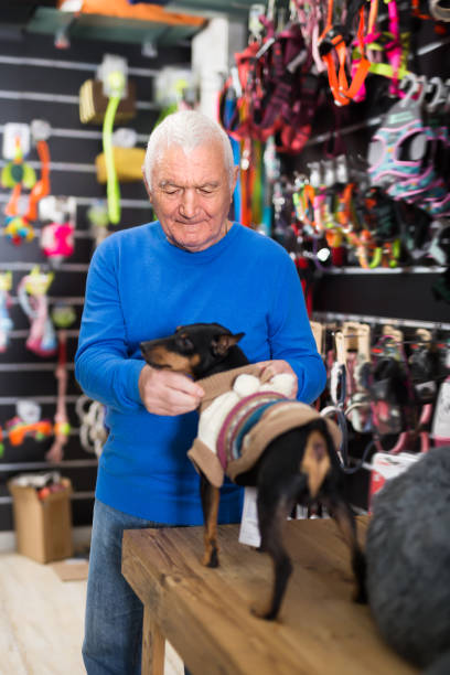 istock Old man dressing his dog in pet shop 1432443051