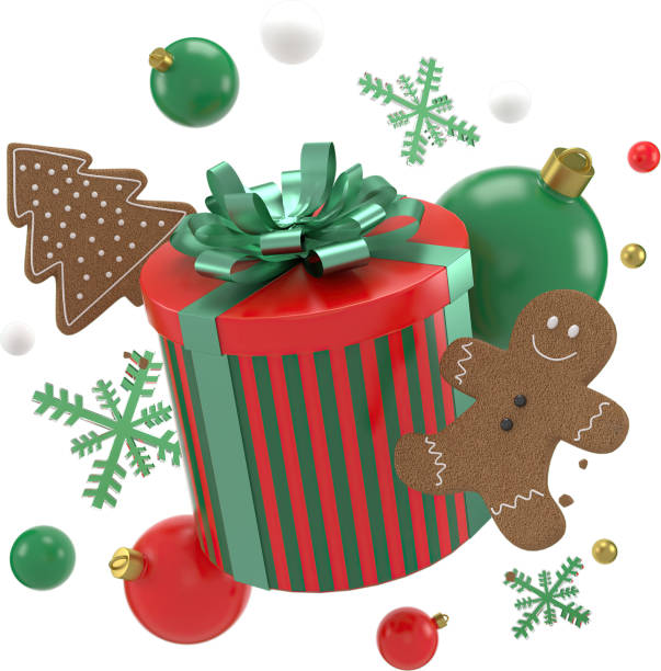 istock 3d Rendering Christmas or new year elements background with decorative balls, star, snow and gif box. Colorful gifts for holidays. Modern design. Isolated  illustration. 1432443064