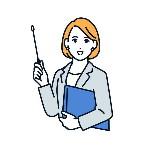 Vector illustration of Vector illustration material of a woman in a suit explaining with an instruction stick