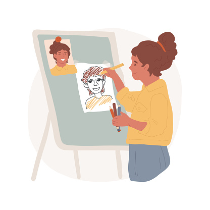 Drawing self-portrait from a picture isolated cartoon vector illustration. Learn to draw face, child make self-portrait from photo, elementary school curriculum, fine art lesson vector cartoon.