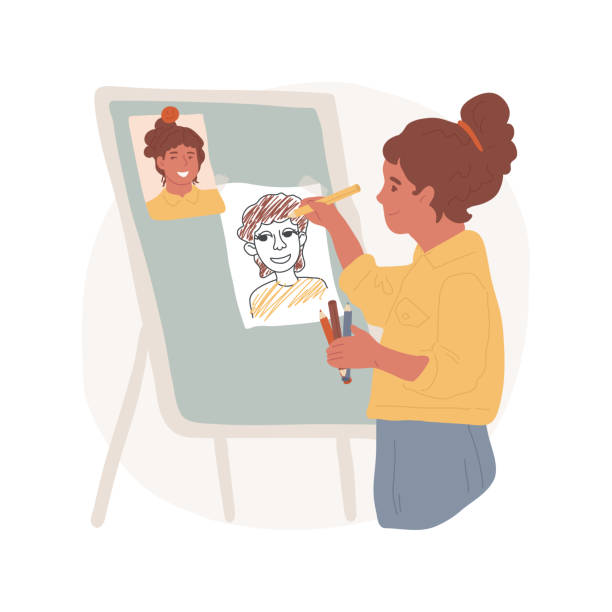 Drawing self-portrait from a picture isolated cartoon vector illustration. Drawing self-portrait from a picture isolated cartoon vector illustration. Learn to draw face, child make self-portrait from photo, elementary school curriculum, fine art lesson vector cartoon. photographing herself stock illustrations